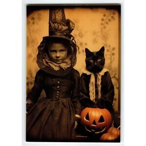 Vintage Halloween Postcard Little Witch & Cat with Jack-O-Lantern Spooky